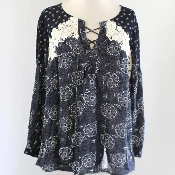 Ann Taylor Loft Dark Floral Print Lace Tassel Peasant Boho Long Sleeve Blouse - - Picture 4 of 11